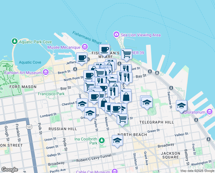map of restaurants, bars, coffee shops, grocery stores, and more near 2141 Powell Street in San Francisco