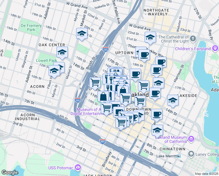 map of restaurants, bars, coffee shops, grocery stores, and more near 1389 Jefferson Street in Oakland