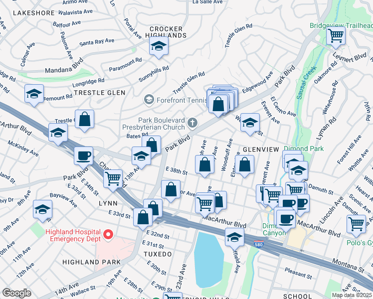 map of restaurants, bars, coffee shops, grocery stores, and more near 3915 Glen Park Road in Oakland