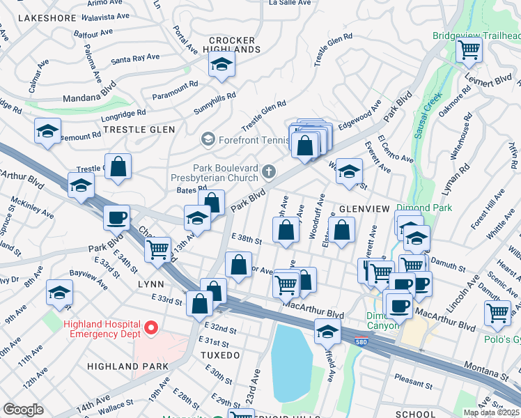 map of restaurants, bars, coffee shops, grocery stores, and more near 3915 Glen Park Road in Oakland