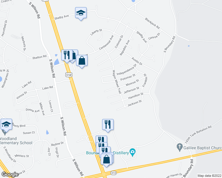 map of restaurants, bars, coffee shops, grocery stores, and more near 101 Darby Woods Court in Radcliff