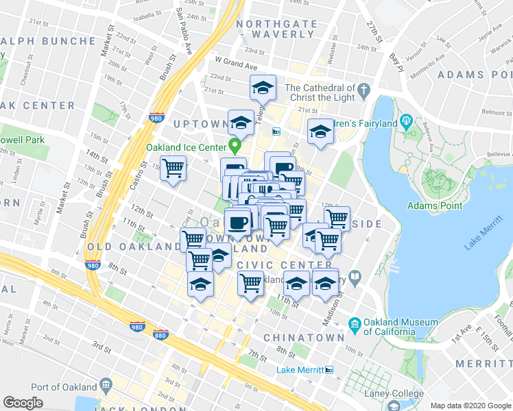 map of restaurants, bars, coffee shops, grocery stores, and more near in Oakland