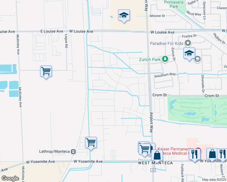 map of restaurants, bars, coffee shops, grocery stores, and more near 511 North Airport Way in Manteca