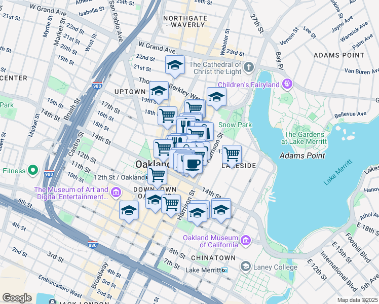 map of restaurants, bars, coffee shops, grocery stores, and more near 1537 Webster Street in Oakland