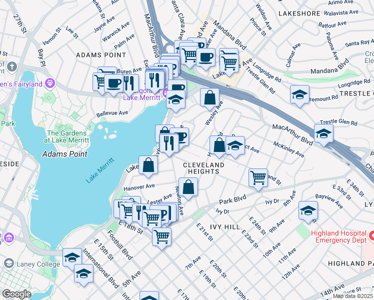 map of restaurants, bars, coffee shops, grocery stores, and more near 609 Brooklyn Avenue in Oakland