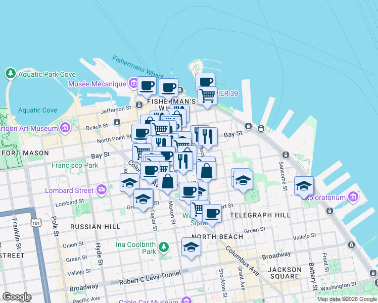 map of restaurants, bars, coffee shops, grocery stores, and more near 2141 Powell Street in San Francisco