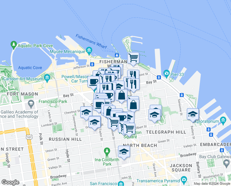 map of restaurants, bars, coffee shops, grocery stores, and more near 2141 Powell Street in San Francisco