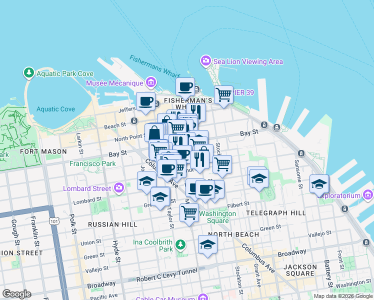 map of restaurants, bars, coffee shops, grocery stores, and more near in San Francisco