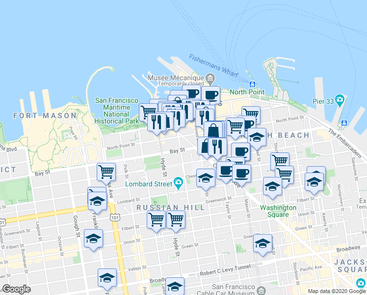 map of restaurants, bars, coffee shops, grocery stores, and more near 2508 Leavenworth Street in San Francisco