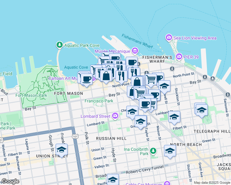 map of restaurants, bars, coffee shops, grocery stores, and more near 2508 Leavenworth Street in San Francisco