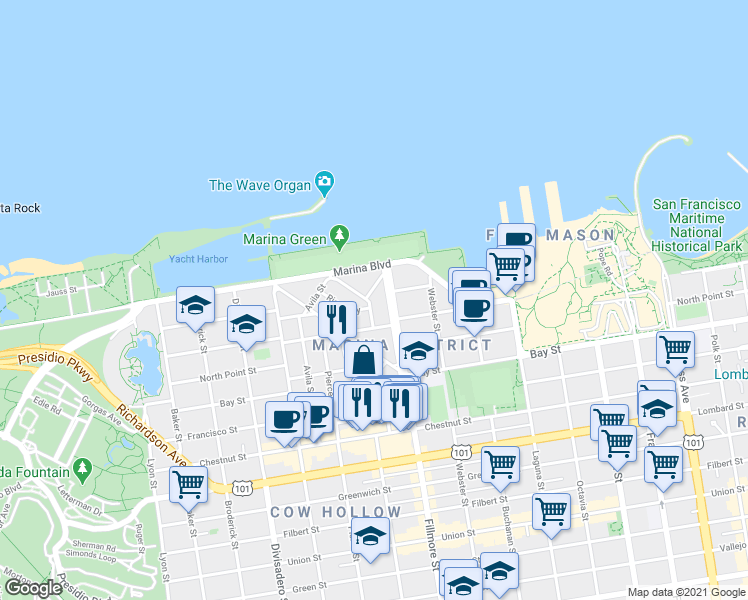 map of restaurants, bars, coffee shops, grocery stores, and more near in San Francisco