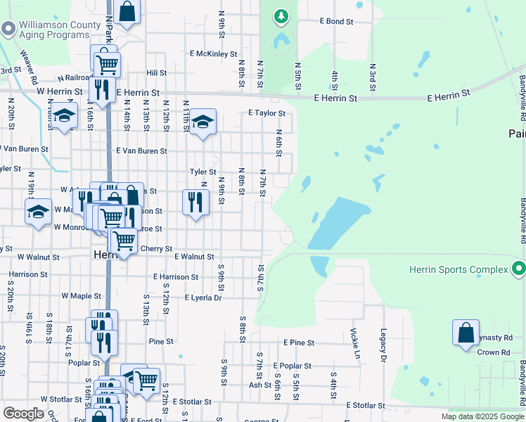 map of restaurants, bars, coffee shops, grocery stores, and more near 200-300 North 7th Street in Herrin