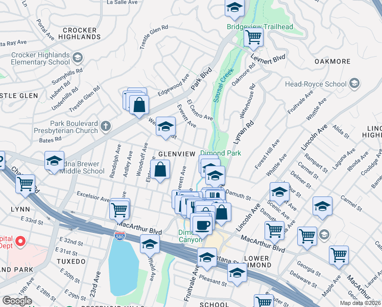 map of restaurants, bars, coffee shops, grocery stores, and more near 4028 Canon Avenue in Oakland