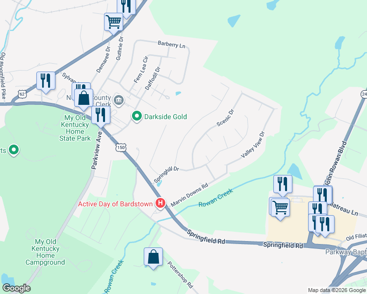 map of restaurants, bars, coffee shops, grocery stores, and more near 101-123 Scenic Drive in Bardstown
