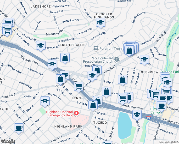 map of restaurants, bars, coffee shops, grocery stores, and more near 3761 Park Boulevard Way in Oakland