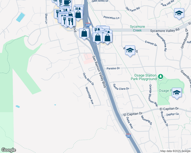 map of restaurants, bars, coffee shops, grocery stores, and more near 175 Midland Way in Danville