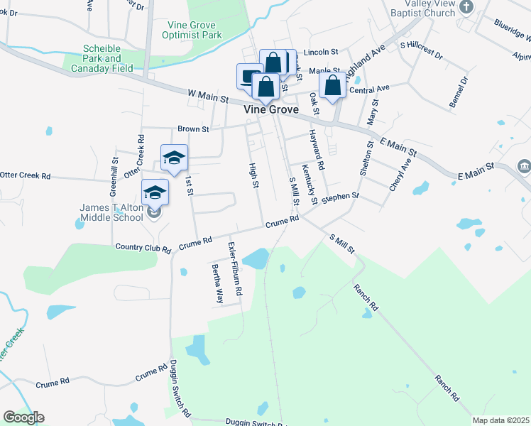map of restaurants, bars, coffee shops, grocery stores, and more near 338 High Street in Vine Grove