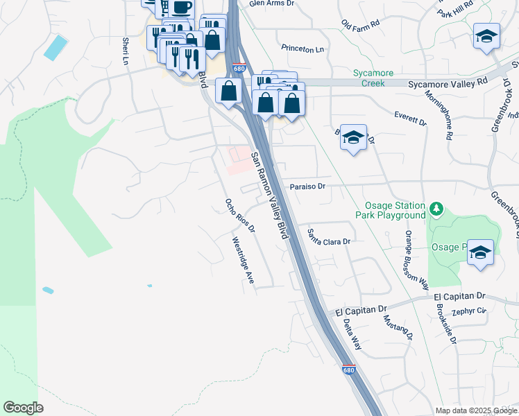 map of restaurants, bars, coffee shops, grocery stores, and more near 175 Midland Way in Danville
