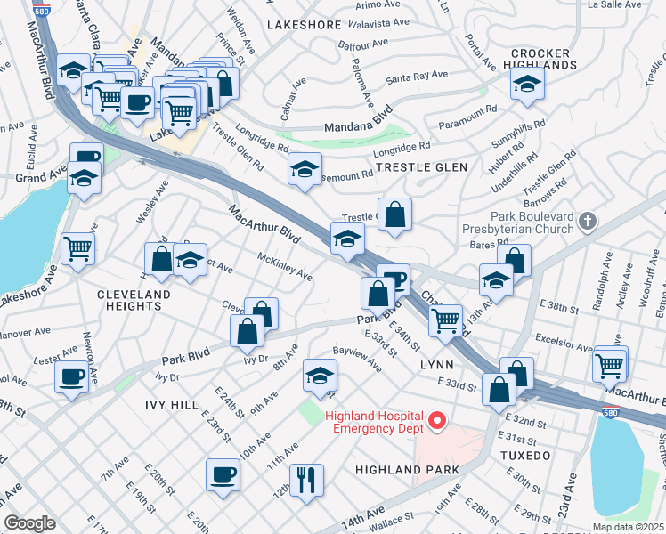 map of restaurants, bars, coffee shops, grocery stores, and more near 1007 MacArthur Boulevard in Oakland