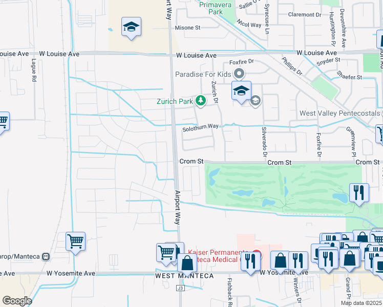 map of restaurants, bars, coffee shops, grocery stores, and more near 2029 Crom Street in Manteca