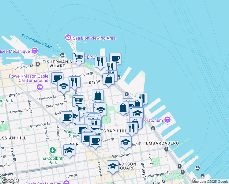map of restaurants, bars, coffee shops, grocery stores, and more near 1700 Montgomery Street in San Francisco