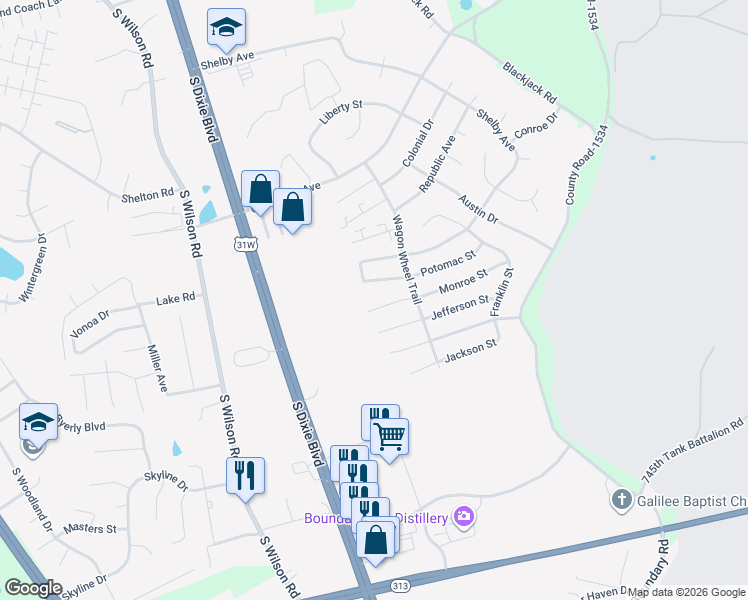 map of restaurants, bars, coffee shops, grocery stores, and more near 631 Potomac Court in Radcliff