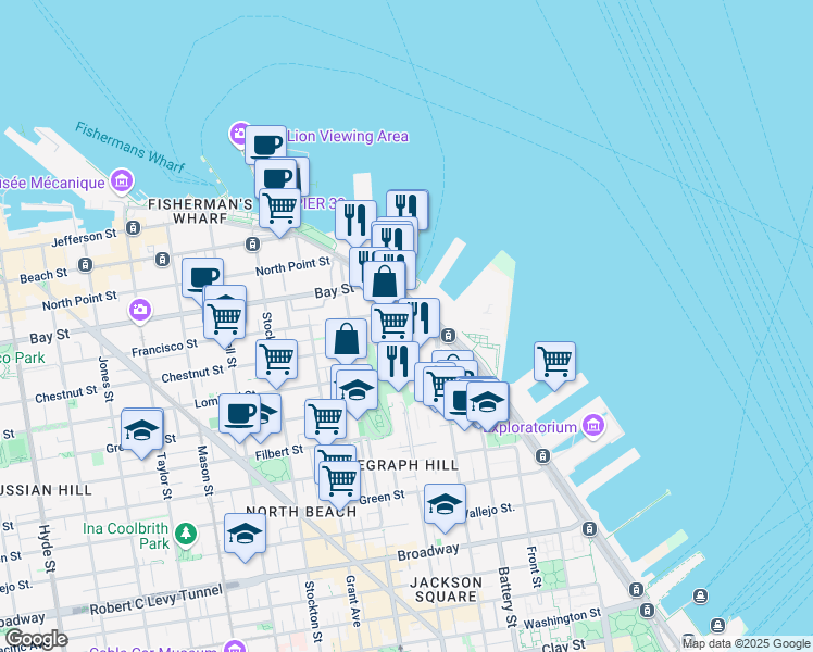 map of restaurants, bars, coffee shops, grocery stores, and more near 1700 Montgomery Street in San Francisco