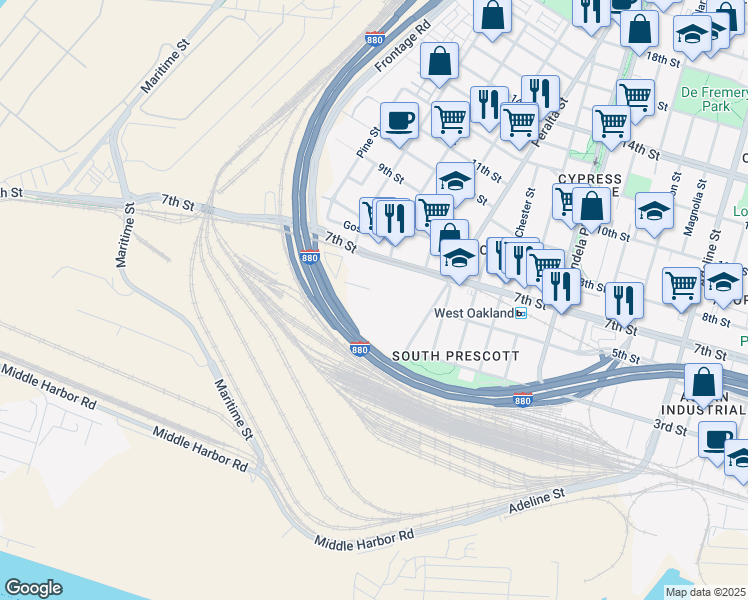 map of restaurants, bars, coffee shops, grocery stores, and more near in Oakland