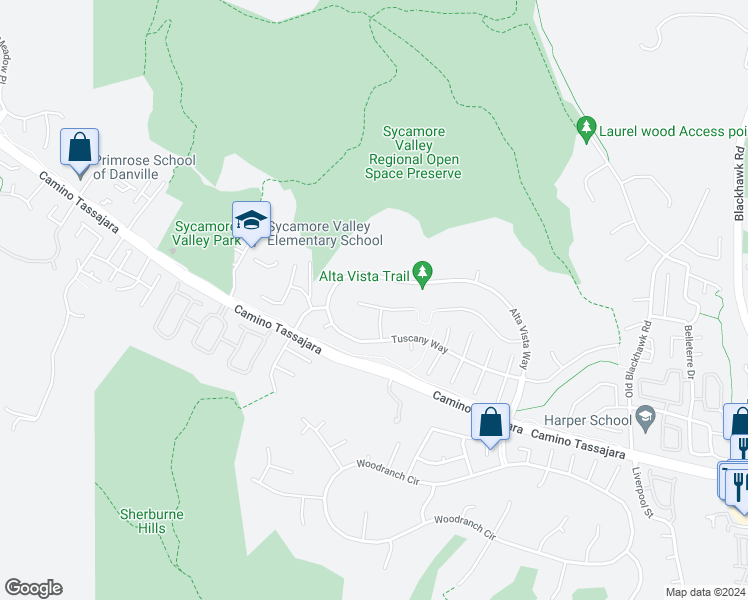 map of restaurants, bars, coffee shops, grocery stores, and more near 20 La Vista Way in Danville