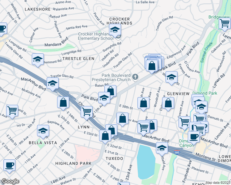map of restaurants, bars, coffee shops, grocery stores, and more near 3923 Greenwood Avenue in Oakland