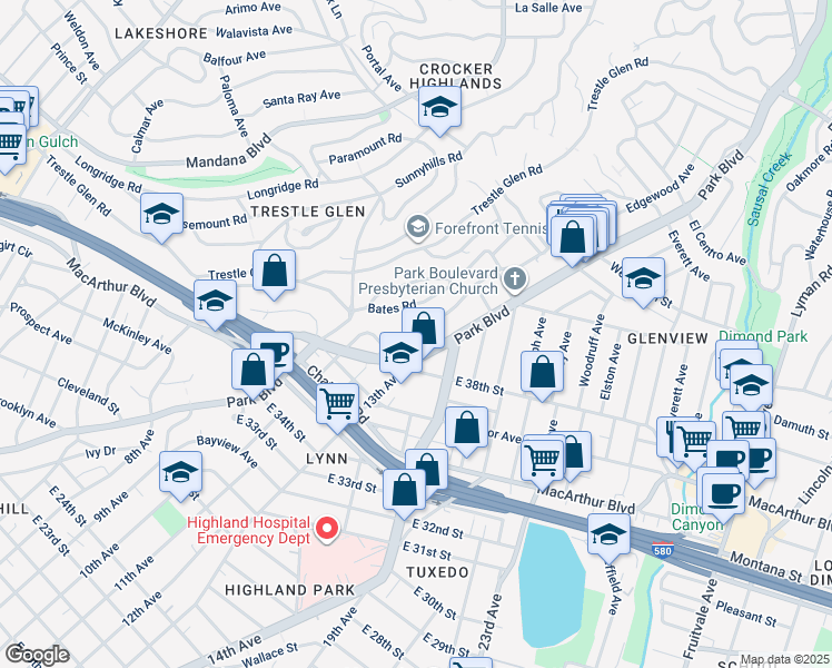 map of restaurants, bars, coffee shops, grocery stores, and more near 1277 Bates Road in Oakland