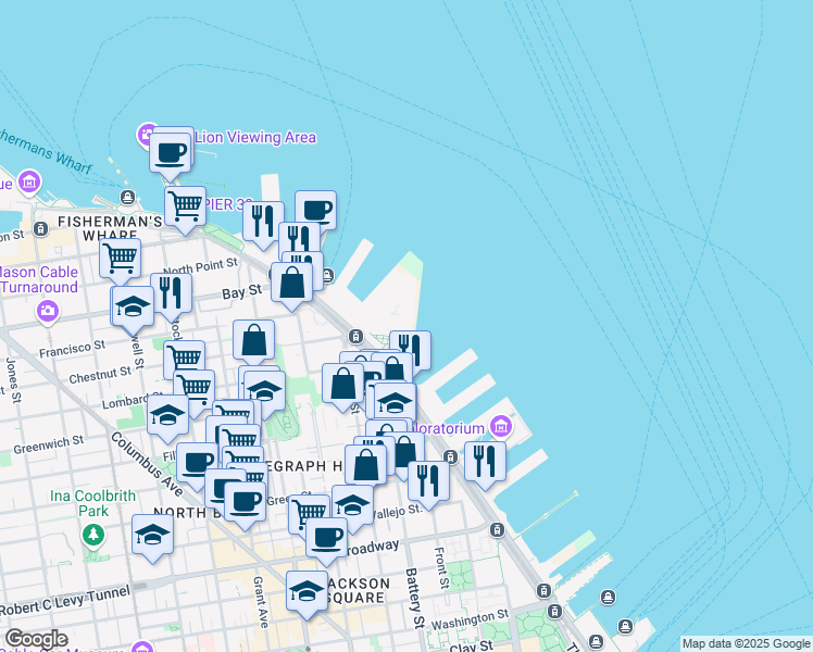 map of restaurants, bars, coffee shops, grocery stores, and more near 29 San Francisco Pier 33 - Alcatraz Island in San Francisco