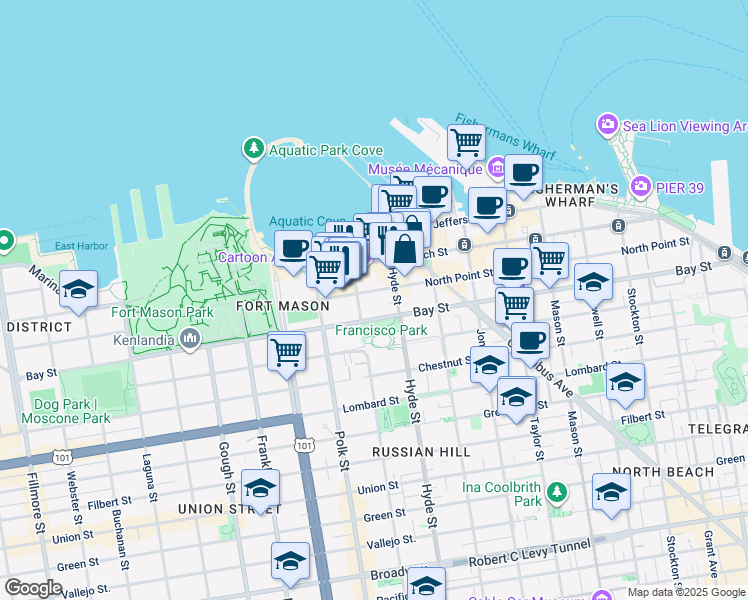map of restaurants, bars, coffee shops, grocery stores, and more near in San Francisco