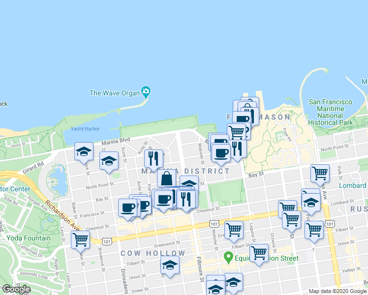 map of restaurants, bars, coffee shops, grocery stores, and more near 3789 Fillmore Street in San Francisco