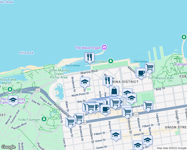 map of restaurants, bars, coffee shops, grocery stores, and more near 500 Marina Boulevard in San Francisco