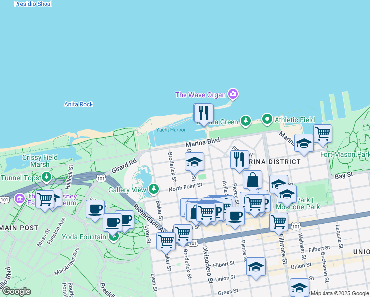 map of restaurants, bars, coffee shops, grocery stores, and more near 669 Marina Boulevard in San Francisco