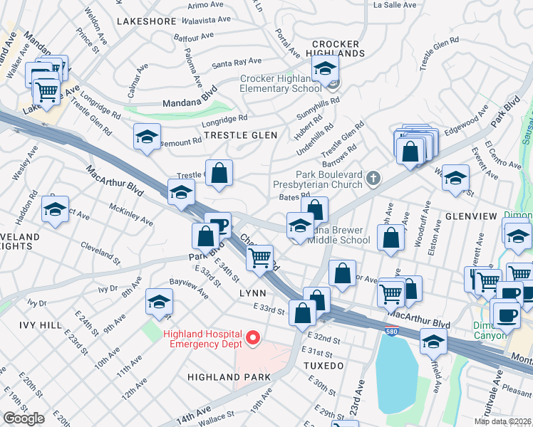 map of restaurants, bars, coffee shops, grocery stores, and more near 1221 Holman Road in Oakland