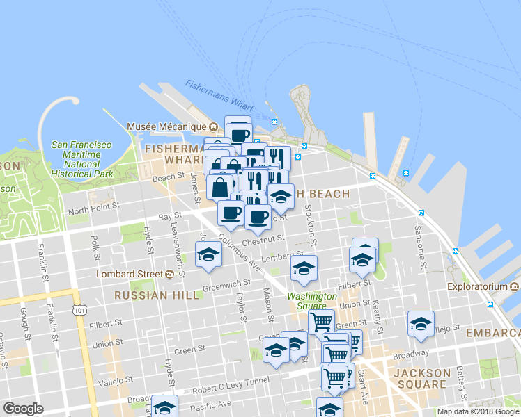 map of restaurants, bars, coffee shops, grocery stores, and more near 84 Vandewater Street in San Francisco