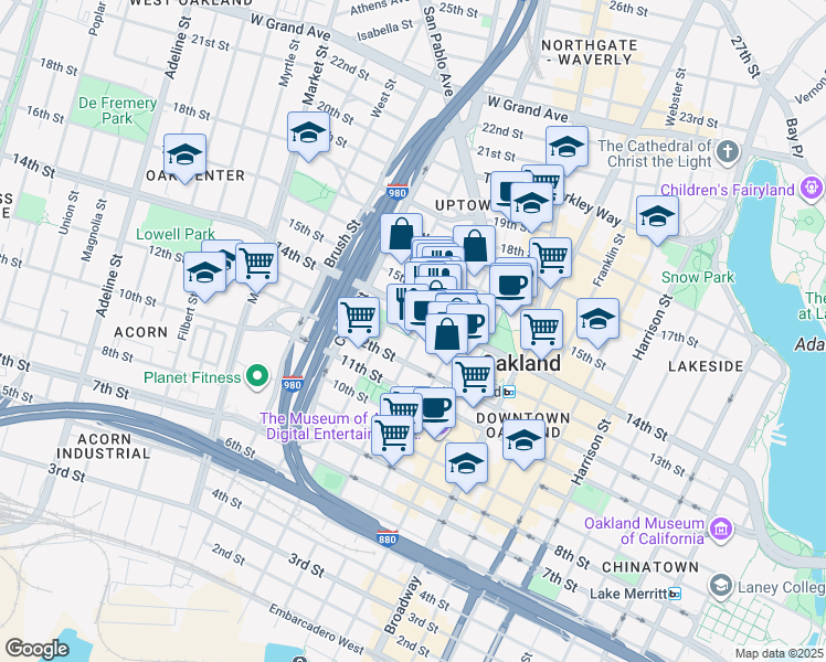 map of restaurants, bars, coffee shops, grocery stores, and more near 1307 Jefferson Street in Oakland