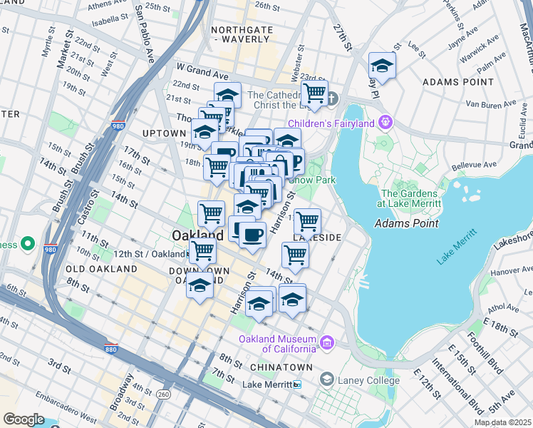 map of restaurants, bars, coffee shops, grocery stores, and more near 1732 Webster Street in Oakland