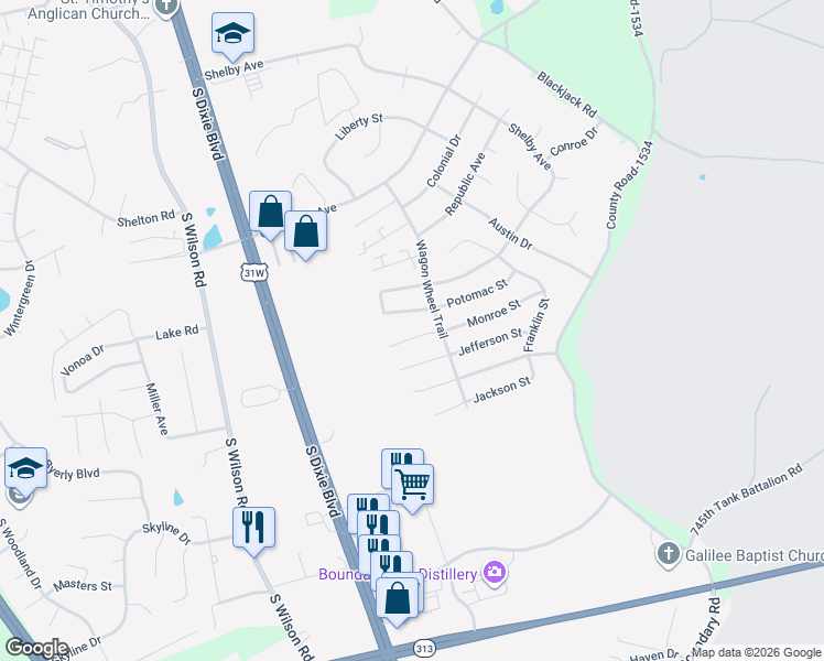 map of restaurants, bars, coffee shops, grocery stores, and more near 137 Darby Woods Court in Radcliff