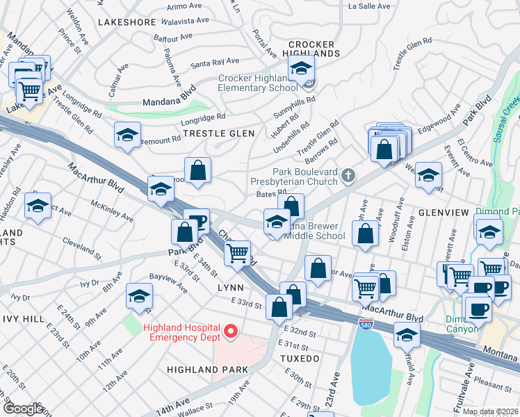 map of restaurants, bars, coffee shops, grocery stores, and more near 3745 Park Boulevard Way in Oakland