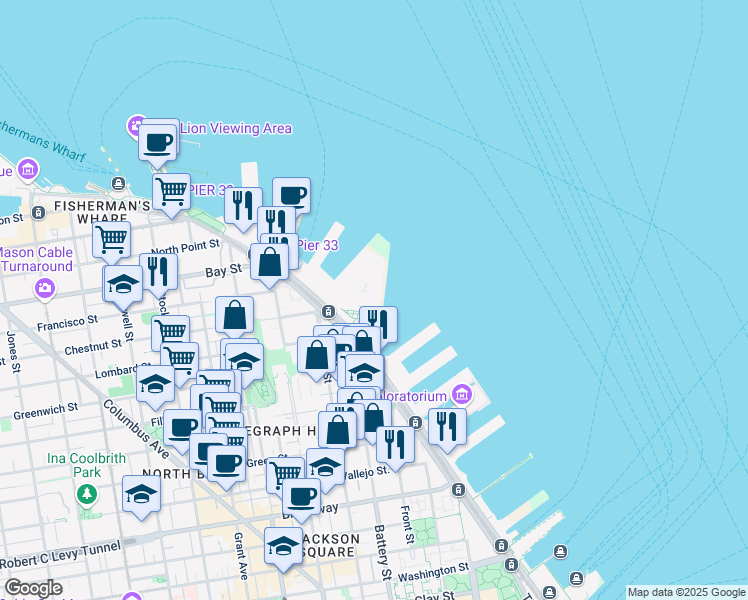 map of restaurants, bars, coffee shops, grocery stores, and more near San Francisco Pier 33 - Alcatraz Island in San Francisco