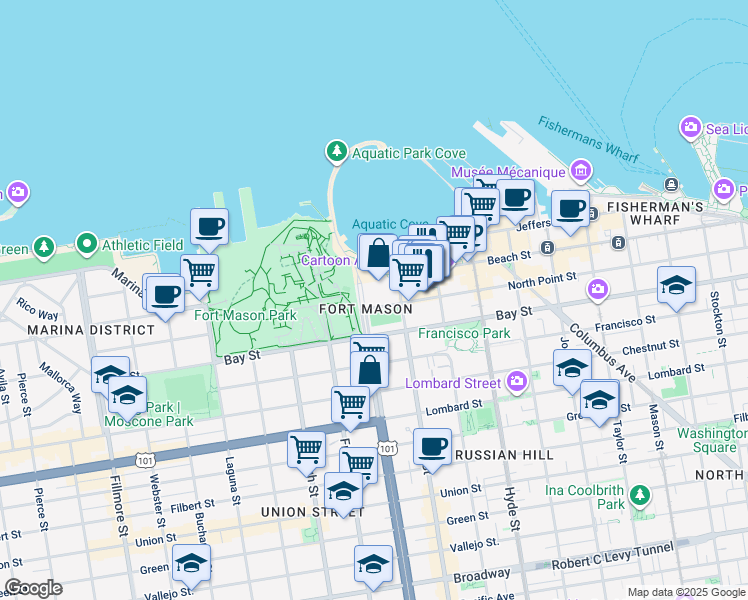 map of restaurants, bars, coffee shops, grocery stores, and more near 1050 North Point Street in San Francisco