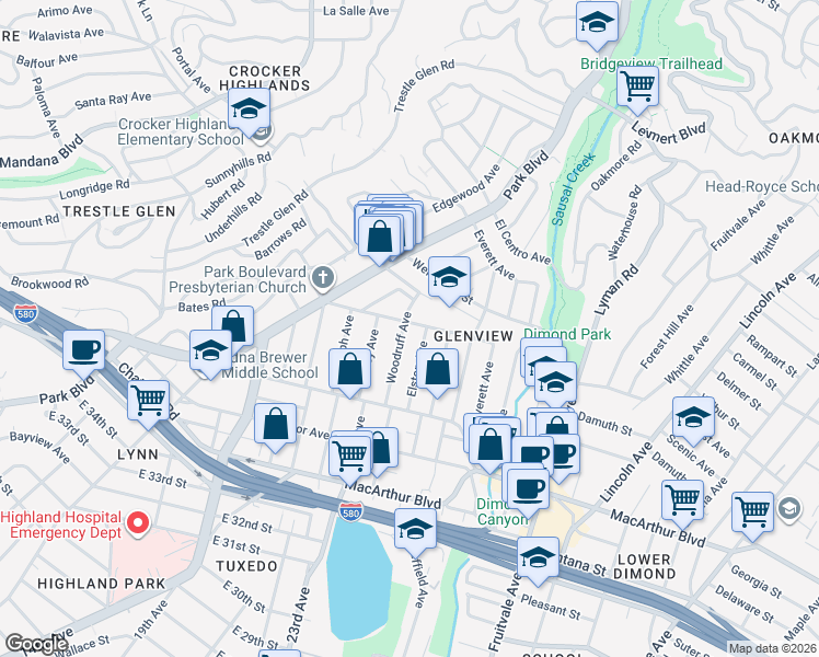 map of restaurants, bars, coffee shops, grocery stores, and more near 4115 Woodruff Avenue in Oakland