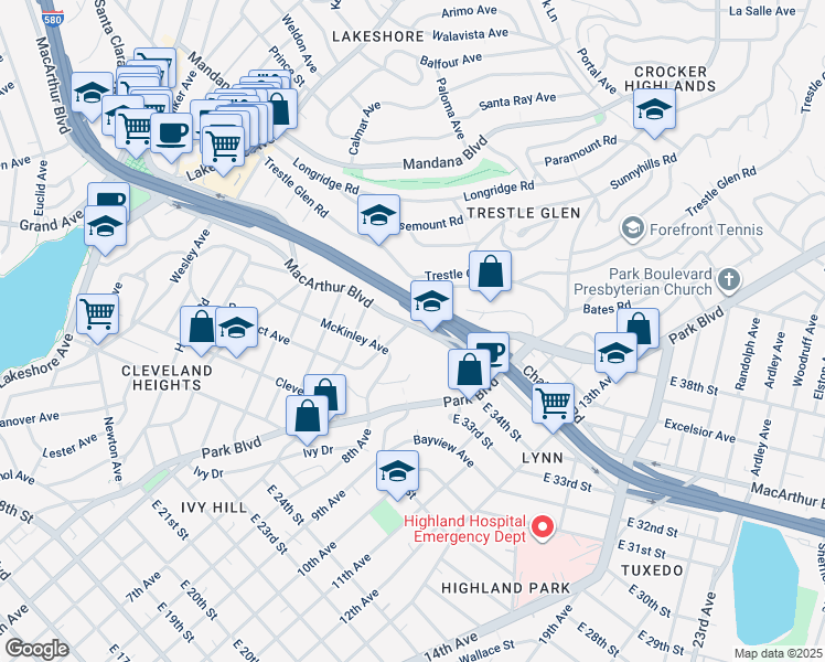 map of restaurants, bars, coffee shops, grocery stores, and more near 1021 Brookwood Road in Oakland