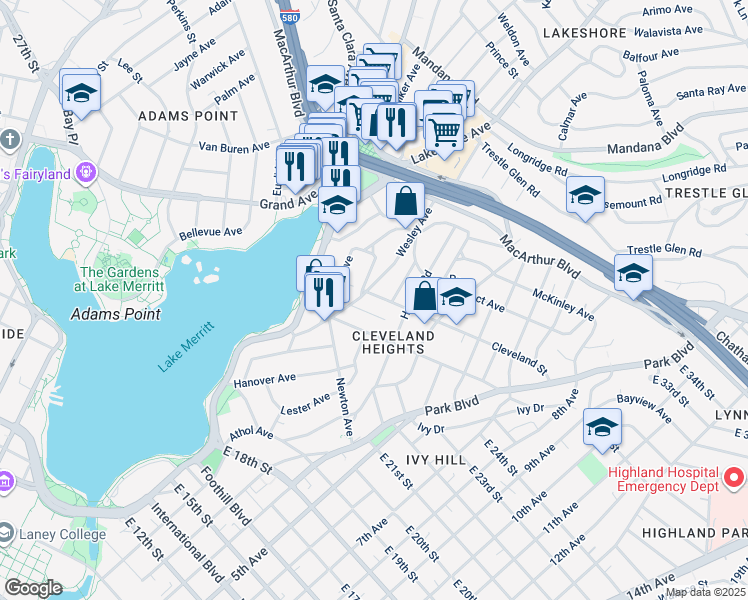 map of restaurants, bars, coffee shops, grocery stores, and more near 568 Wesley Avenue in Oakland