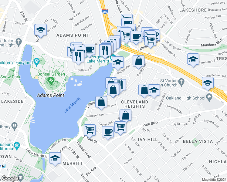 map of restaurants, bars, coffee shops, grocery stores, and more near 2204 Lakeshore Avenue in Oakland