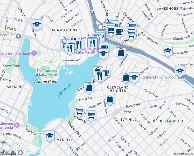 map of restaurants, bars, coffee shops, grocery stores, and more near 2204 Lakeshore Avenue in Oakland