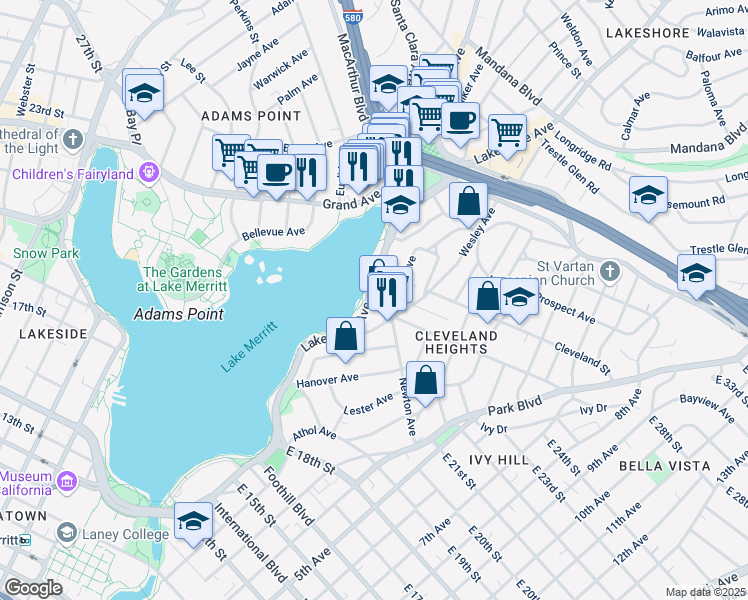 map of restaurants, bars, coffee shops, grocery stores, and more near 2204 Lakeshore Avenue in Oakland